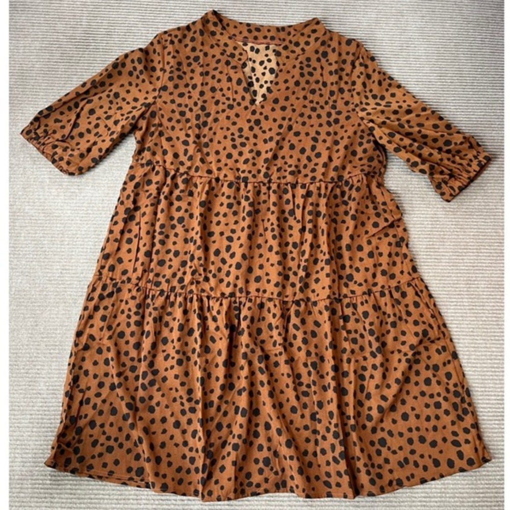 Boutique Rust Orange Black Animal Spot Print Tiered Babydoll V-Neck Dress Sz XL